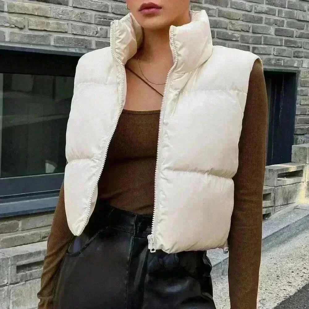 Beige Casual Women's White Sleeveless Padded Coat - Picture 4 of 6